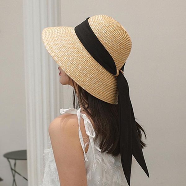 

retro big brim straw hat women beach hat seaside holiday sun small fresh fisherman women, Blue;gray