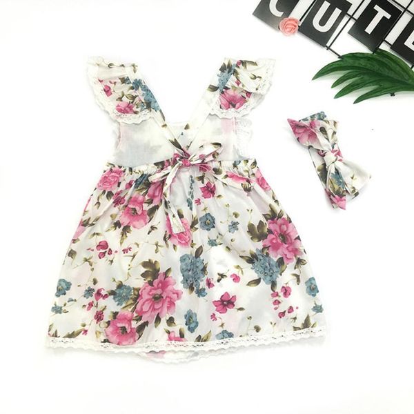 

2pc toddler kids girl strap floral sleeveless backless princess dresses+headband brand new drop shipping august 15, White