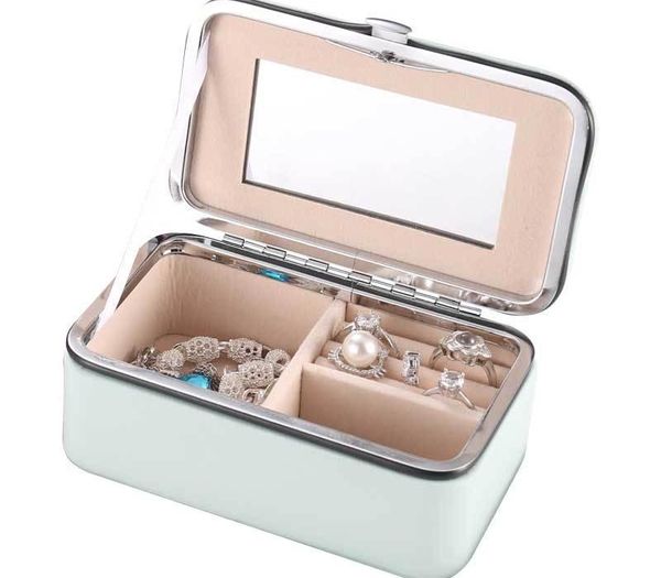 

portable jewelry box storage organizer mirror leather women earring ring necklace jewelry accesories multifunctional storage11, Black;white