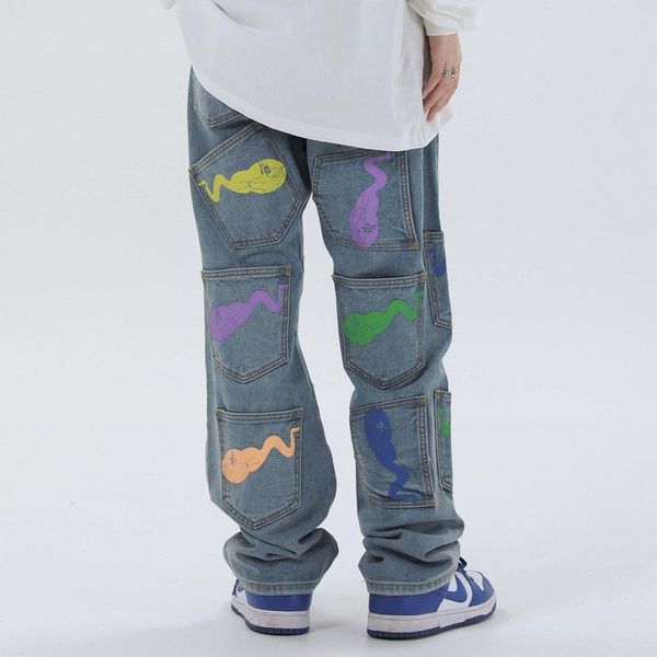 

Funny Printed Multi-pocket Casual Baggy Denim Jeans Hip Hop Hipster Streetwear Pants Men Fashion Trousers Male blue