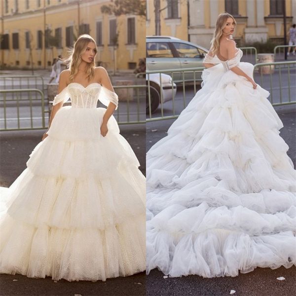

luxury off-shoulder wedding dresses puffy sequins beads tiered tulle wedding gown backless custom made sweep train robes de mariÃ©e, White