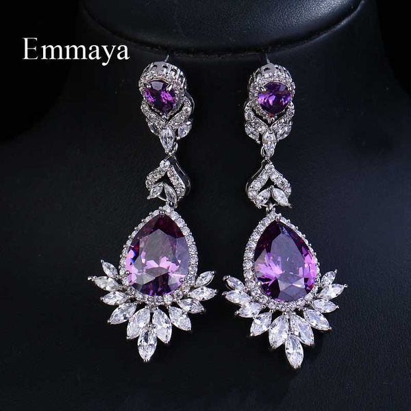 

stud emmaya brand sliver color water drop shape purple zircon crystal pendant earrings for women bridal wedding jewelry, Golden;silver
