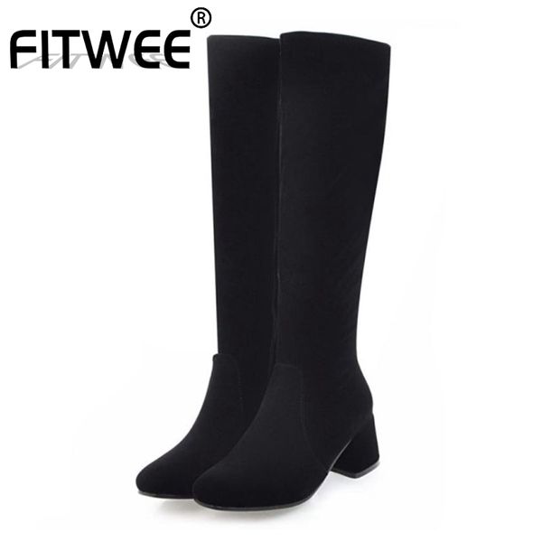 

boots fitwee women knight side zipper thick heels knee high winter warm solid color footwear size 34-43, Black