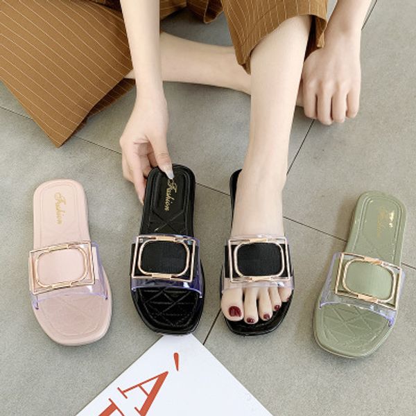 

2020 spring and summer new metal decorative slippers solid color rubber flat heel flat bottom simple one-line women's shoes, Black