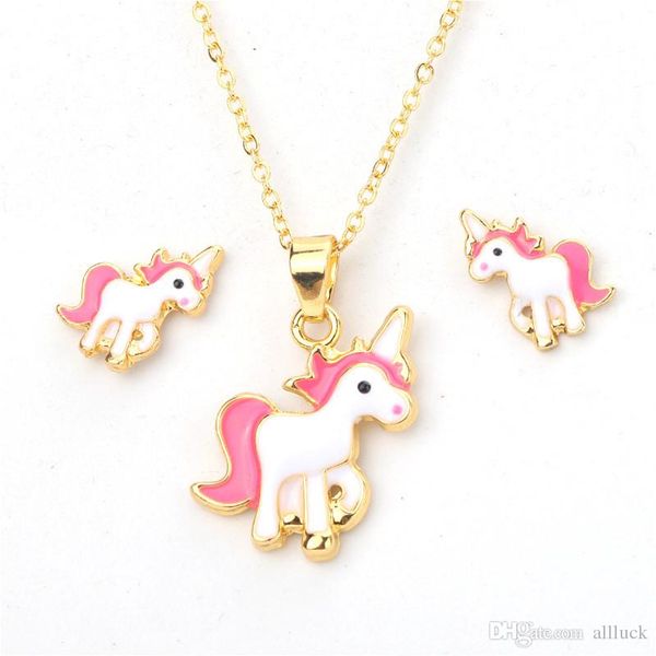 

2019 fashion necklace earrings sets cartoon unicorn designer pendant necklaces earring jewelry pink girls gift jewelry, Silver