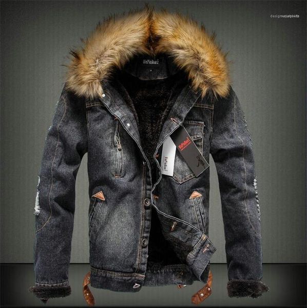 

mens warm jeans outwear winter mens designer thick jackets fashion long sleeve coats with fur luxury, Black;brown