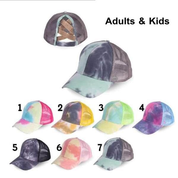 

tie dye baseball cap criss cross ponytail mesh back trucker hat adults kids ponytail hole messy bun breathable mesh back hats ooa8503, Blue;gray
