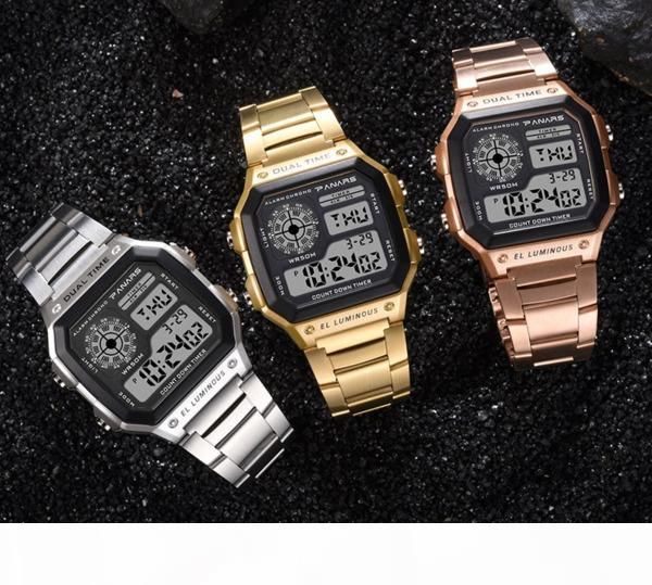 

fashion business style mens sport watch digital wrist watch - metal square multifunction watches electronic led watch, Slivery;brown