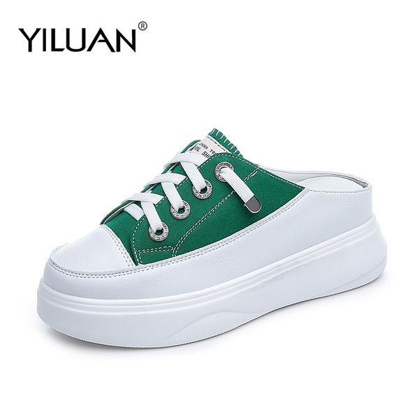 

yiluan canvas slippers women shoes green 2020 new summer platform increased lazy half slippers outside tide shoes female student, Black