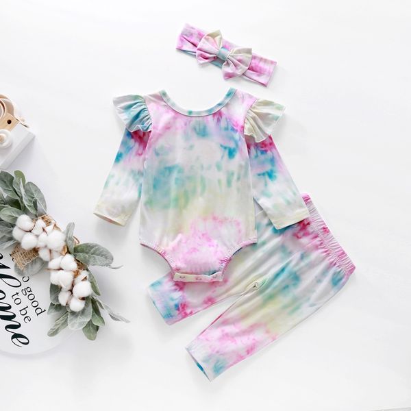 

newborn baby autumn clothes set 3pcs baby girl tie-dye cotton long-sleeved romper one-piece trousers headband suit outfits 12, White