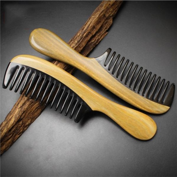 

New Wood Hair Comb 10pcs/lot Long Handle Green Sandalwood Buffalo Horn Wide toothed hair care styling grooming detangling curly hair