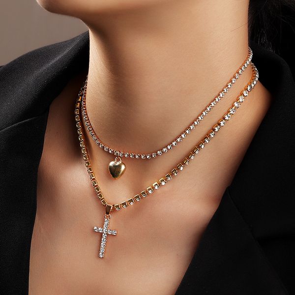 

rhinestone cross pendant necklaces for women heart choker short necklace female 2020 fashion jewelry clavicle chain simple new, Silver