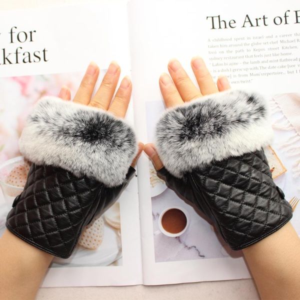 

five fingers gloves women leather half finger female short fur style thin rayon lining girls riding fashion driving mittens, Blue;gray