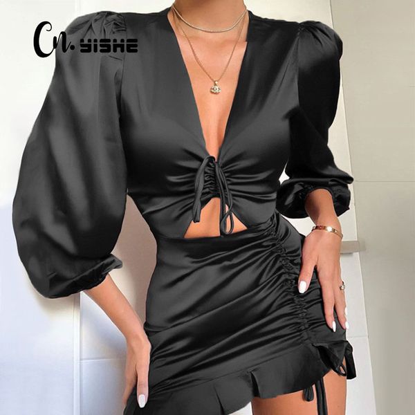 

cnyishe deep v-neck party dress women satin lace up ruffles holow out ruched dress female vestido elegant slim mini dresses, Black;gray