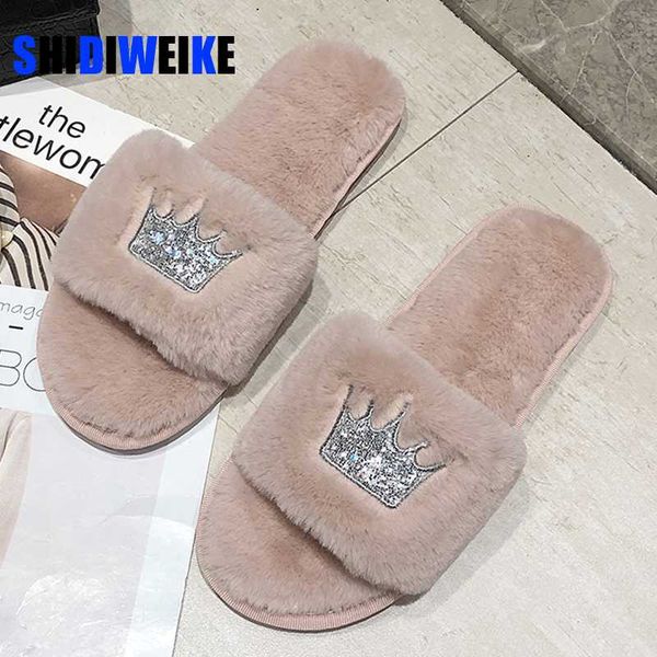 

winter women home slippers with faux fur fashion warm shoes woman slip on flats female slides sequin crow black pink ab704