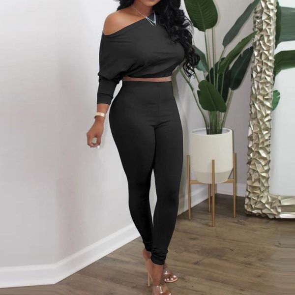 

gym clothing women solid color tracksuit sets lady 2021 summer off shoulder 2pcs set elegant blouse+elastic waist long pants #3, White;black