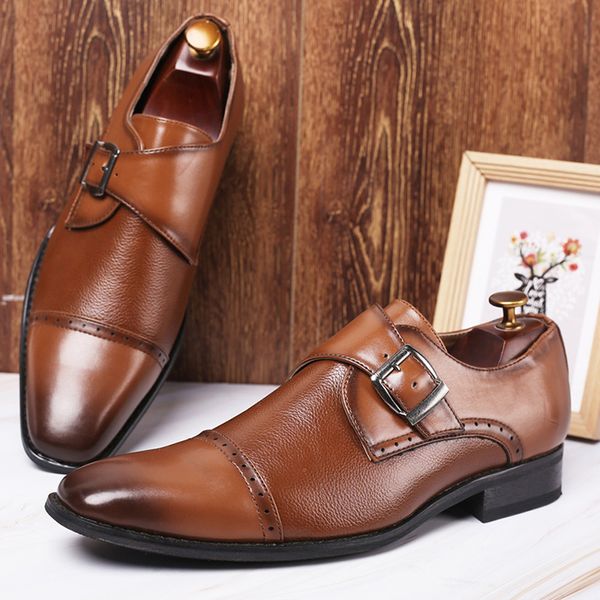 

dress shoes business formal leather pointed toe fashion buckle office footwear big size male party wedding, Black