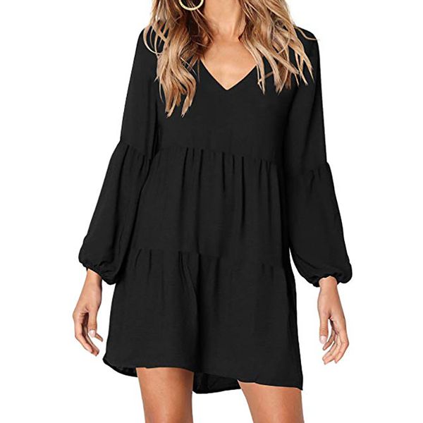 

women solid color wild v collar temperament slim waist slim shirts casual dress, Black;gray