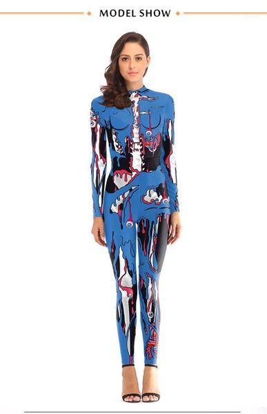 

wear designer terrorist pattern stand collar jumpsuits fashion natural color long sleeve long jumpsuits halloween stage, Black;red
