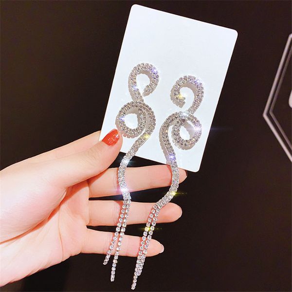 

earrings fashion long tassel drop earring for women shiny gold silver color s shape rhinestone dangle earring wedding party