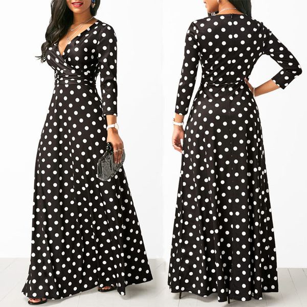 

women polka dot long sleeve boho dress elegant vintage women dresses evening party v neck maxi long dress fashion ladies dresses 2020 new, Black;gray