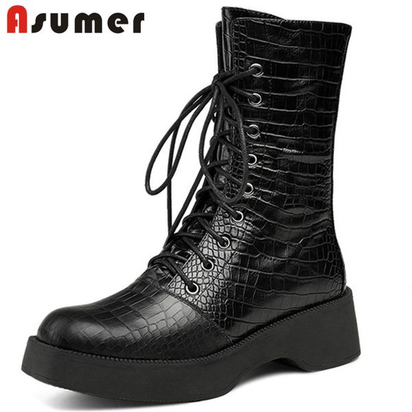 

asumer 2020 flat platform shoes women ankle boots round toe lace up autumn winter casual shoes ladies big size, Black