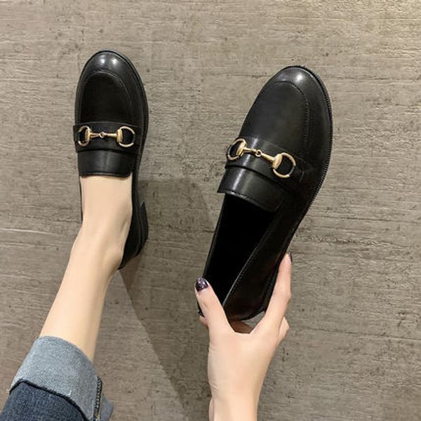 

british style small leather shoes women's 2020 new spring students all-match black one-step ins thick heel mid-heel shoes