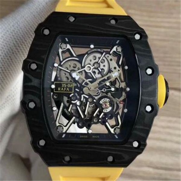 

super luxury 35-02 rafael nadal tpt carbon fiber case skeleton dial miyota automatic mens watches yellow rubber men wristwatches top, Slivery;brown