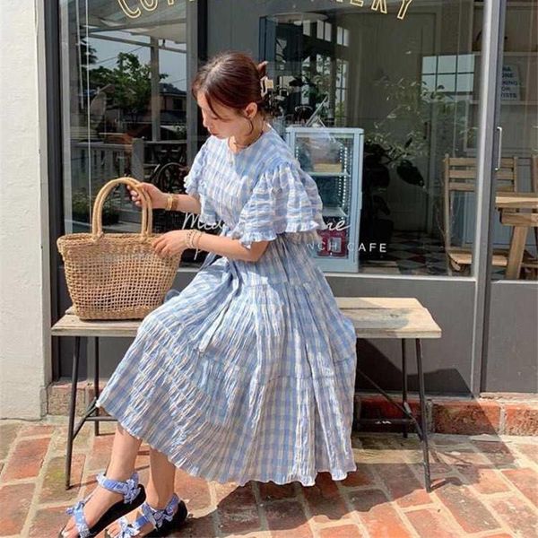 

plaid midi long dress for women summer 2020 sweet o-neck short sleeve dresses with sashes casual cute dress fashion chic, Black;gray