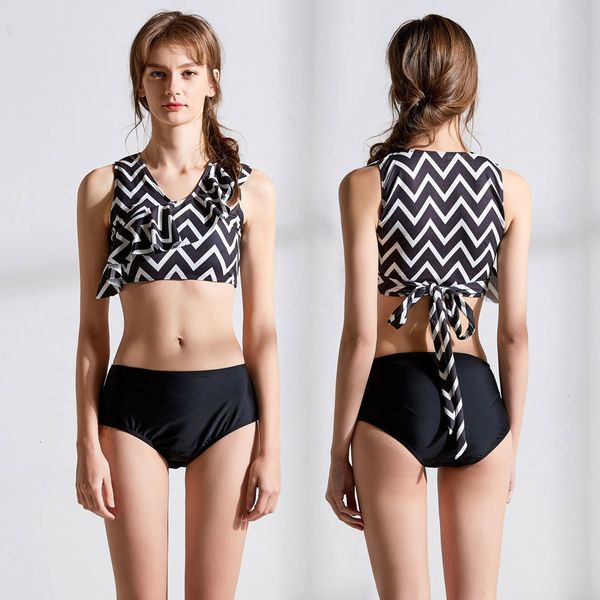 

women's wave printed tie knot back high neck flounce crop bikini two piece set middle waisted swimsuit bathing suits