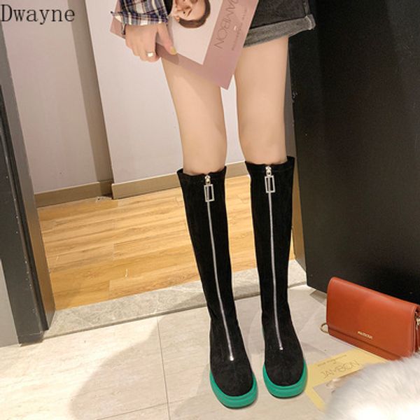 

2020 new retro front zipper thick bottom fur one high boots, Black