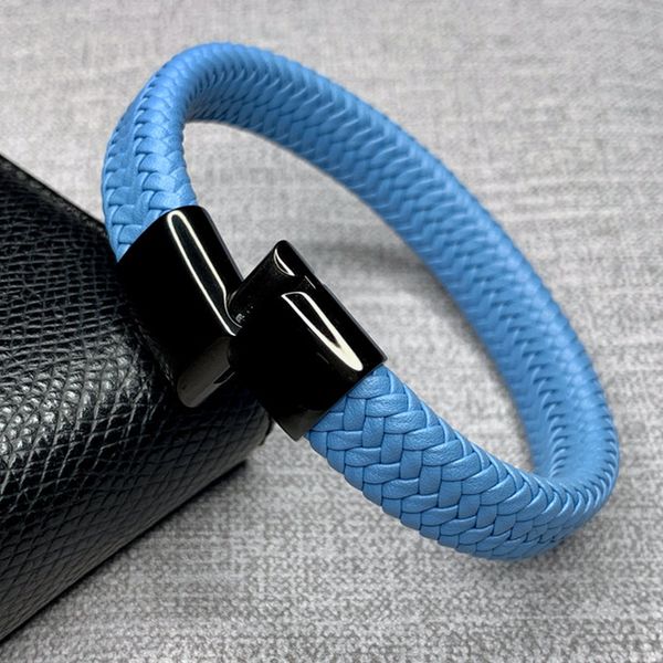 

fashion light blue braided leather bracelet men jewelry stainless steel magnetic clasp bangles male wrist band gifts, Golden;silver