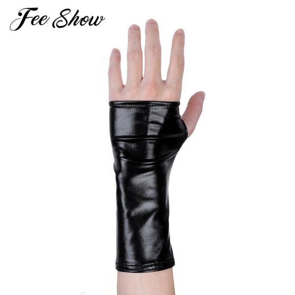

five fingers gloves 1 pair fashion women ladies wet look patent leather mini half fingerless thumb hole mittens for party costume, Blue;gray