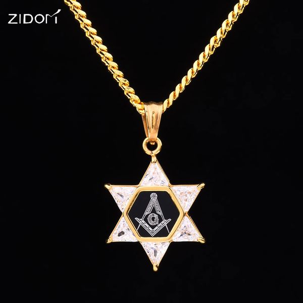 

stainless steel men hiphop iced out hexagram masonic shape pendant necklaces hip hop zircon mason necklace women jewelry, Silver