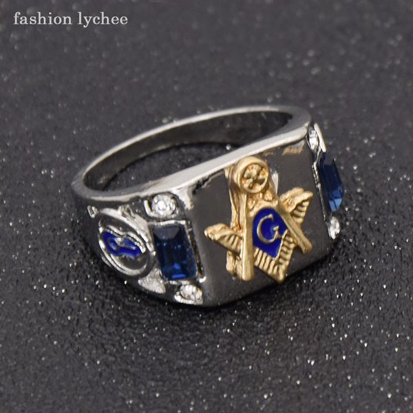 

мода личи масон blue crystal men ring punk стиль масонских моды байкер finger кольцо подарок ювелирных изделия, Silver