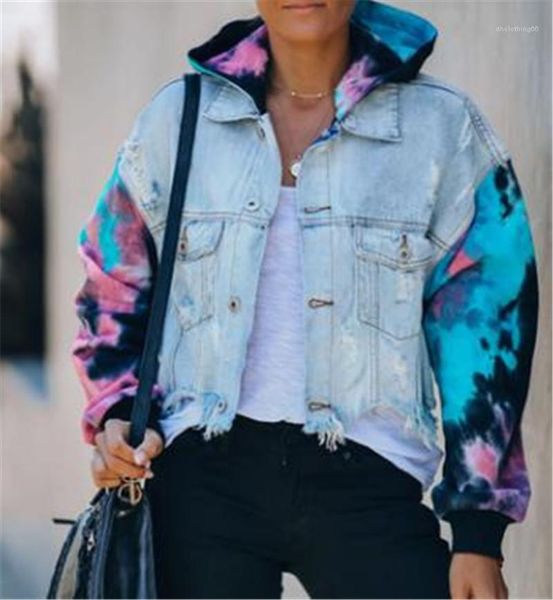 

single breated streetwear coats fashion female clothing autumn ladies deisnger denim jackets tie dye frayed pockets, Black;brown
