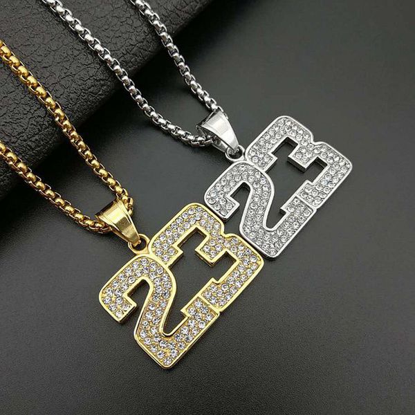 

hip hop rhinestones paved bling iced out gold silver color stainless steel number 23 pendant necklace for men rapper jewelry