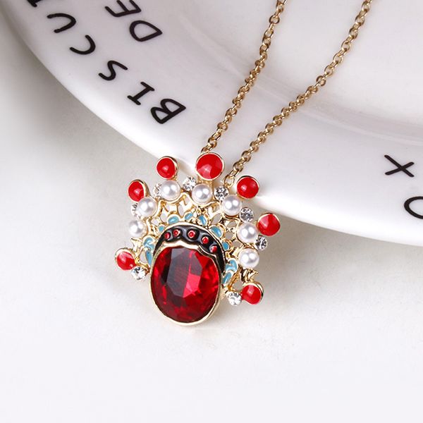 

new chinese style beijing opera facial makeup necklace wild red crystal creative retro jewelry, Silver