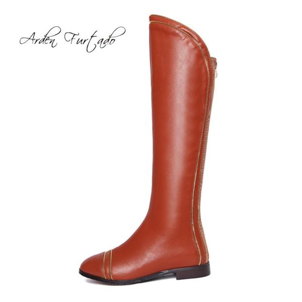 

arden furtado 2020 autumn winter genuine leather fashion knee high boots shoes woman brown white boots woman plush flat, Black