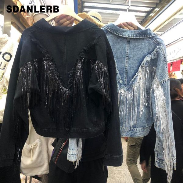 

jean jacket woman fringed sequined denim jacket 2020 spring new retro bf loose short jeans chaqueta chaquetas jackets, Black;brown