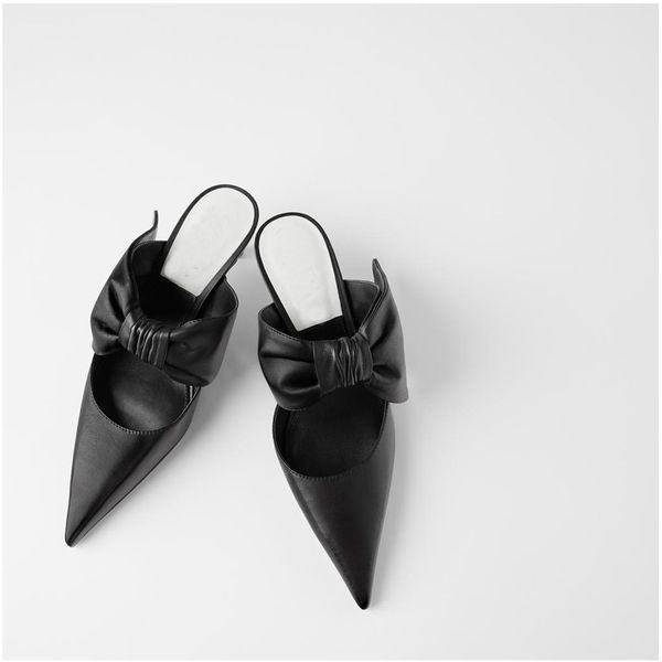 

stiletto heels womens high-heeled slippers female black bow-knot pointed toe back wearing a half drag muller shoes women sandals