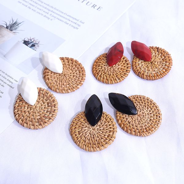 

european and american foreign trade geometric exaggerated resin rattan earrings womens fashion round cool retro ear pendant ornament, Golden
