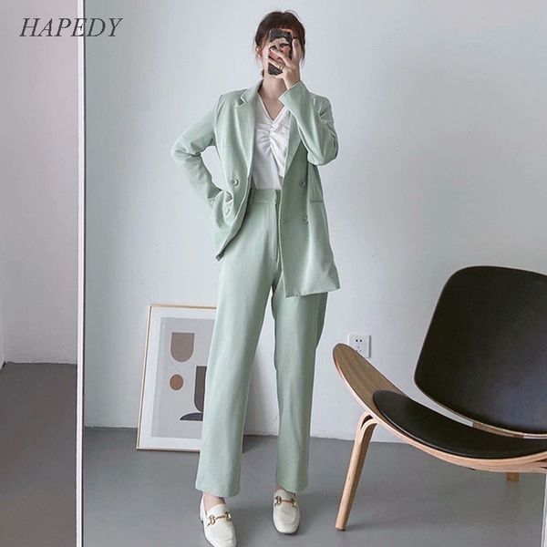 

hapedy minimalism women suit set autumn spring two piece set lady blazer jacket +long pant female outerwear elegant ladies coat, Gray