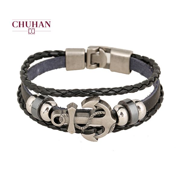 

chuhan new boat anchor cowhide bracelet is simple versatile with multiple women leather bracelets men punk hip hop bracelet j148, Black