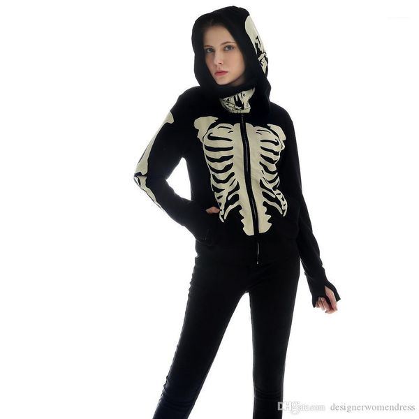 

autumn casual street style skulls printed long sleeved hooded cardigan sweatshirts womens fashion streetwear designer hoodie women, Black
