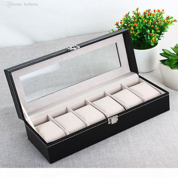 

wholesale-classic 6 grid luxury refinement slots wrist watches gift case jewelry display boxes storage holder fast ing, Black;blue