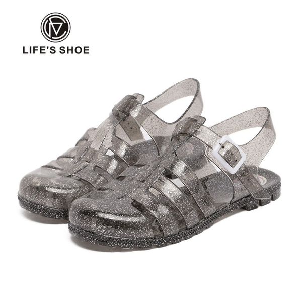 

sandals summer women woman crystal solid casual shoes female plastic transparent beach flat heeled, Black