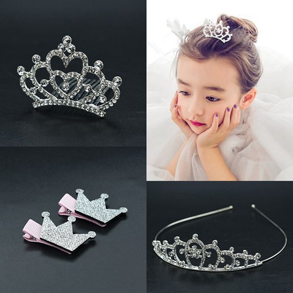 

cute children tiara crown wedding jewelry flower girl princess rhinestone hairpin tiara headband set birthday prom party gift, Golden;silver