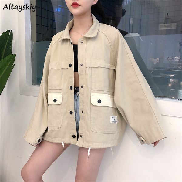 

jackets women printed single breasted turn-down collar loose pockets korean style chic harajuku streetwear students daily womens, Black;brown