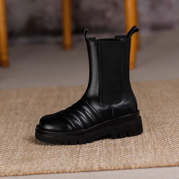 

winter mid-calf boots elastic band genuine leather round toe platform chunky heels pumps basic shoes woman, Black